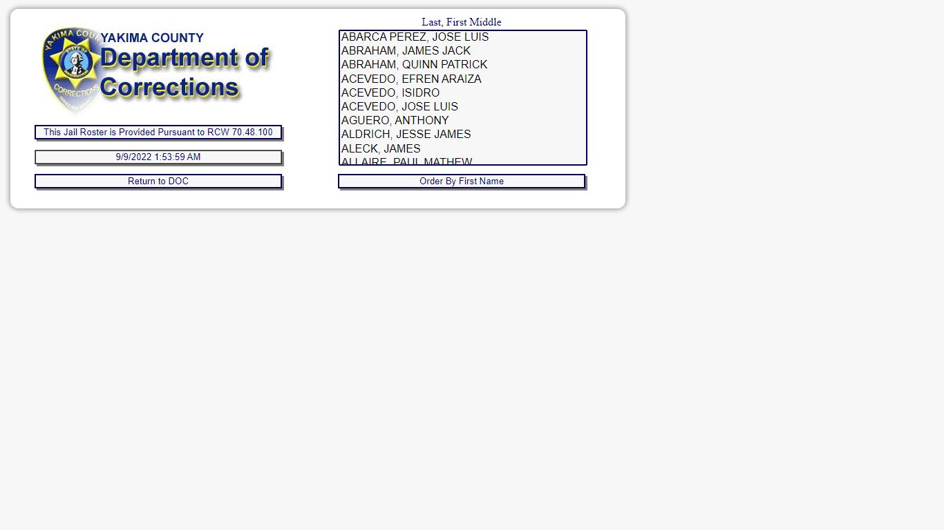 Yakima County DOC Inmate Incarceration Selection Screen